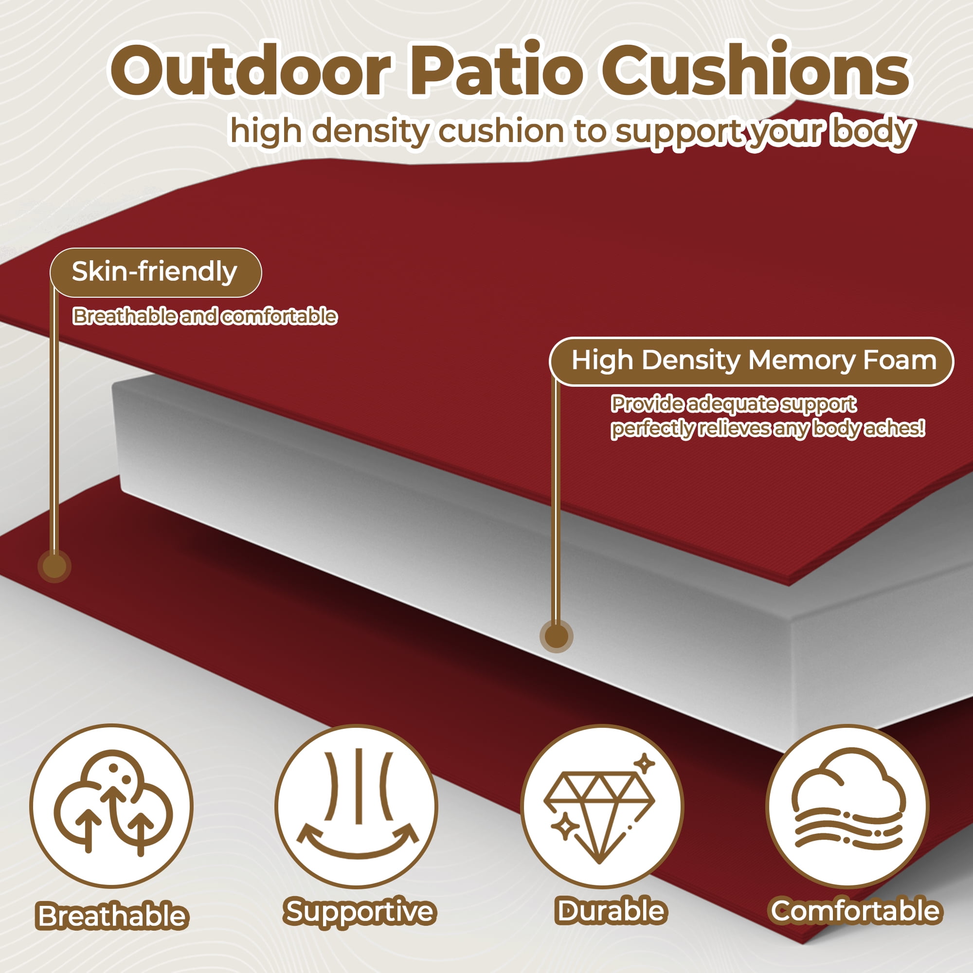 Unikome 4-Pack Outdoor Patio Seat Cushions, Solid Waterproof, Rounded Square, 17 inch x 16 inch, Wine Red