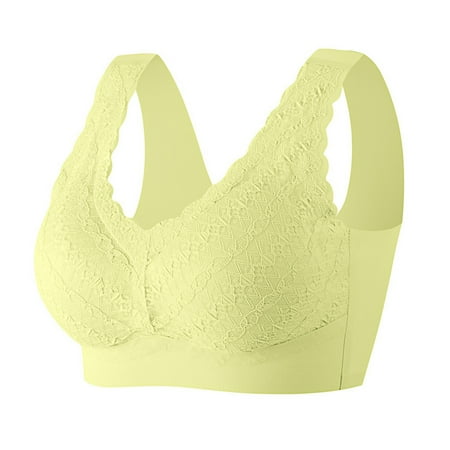 Bras for Women Full Figure Minimizer Plus Size Wire Free Beauty Lace Padded Full Coverage Cute Wide Strap Lift Up Bra Yellow 42C