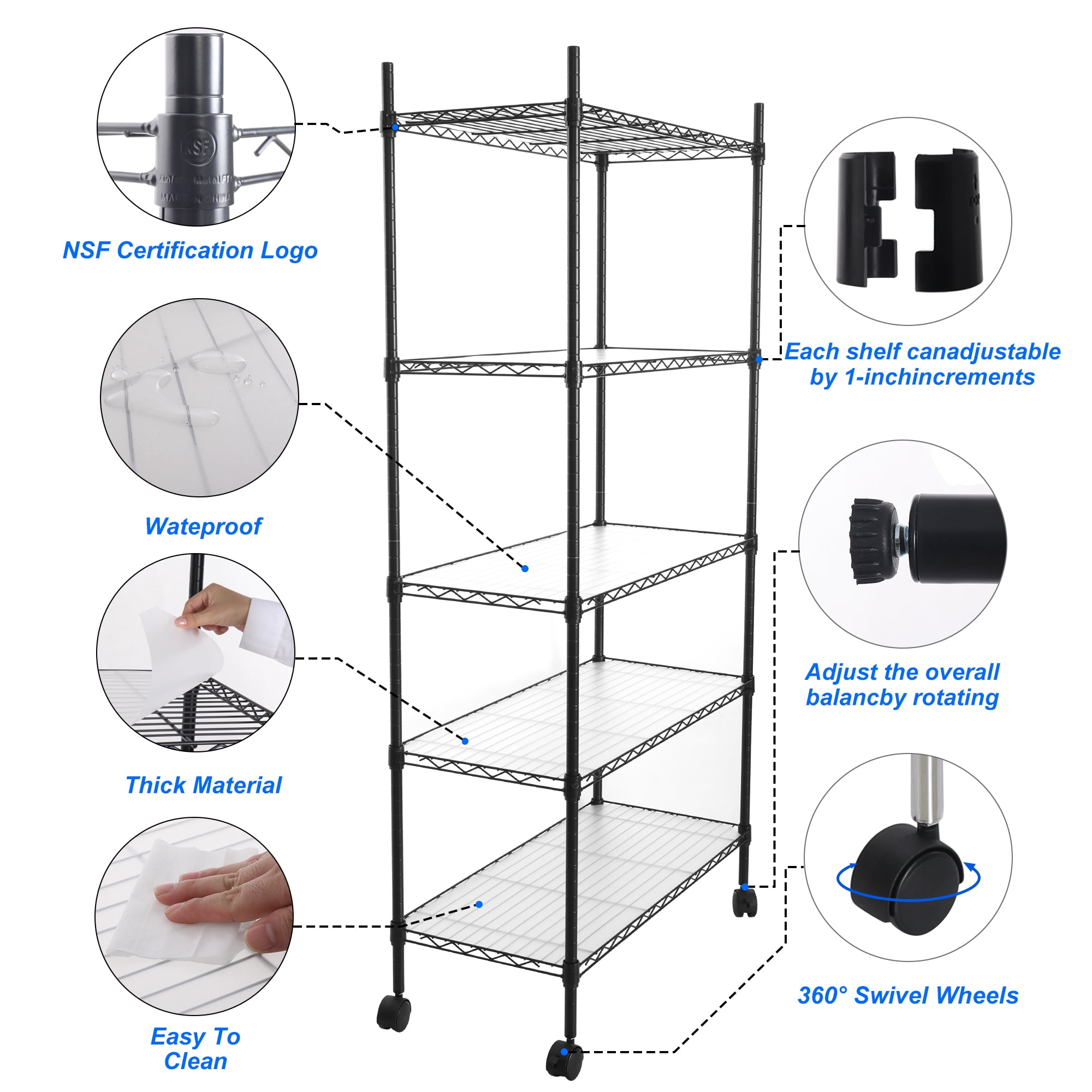 Miniyam NSF Wire Shelving Unit, 5 Tier 750lbs Capacity Storage Adjustable Rack with Wheels for Closet Kitchen, Black