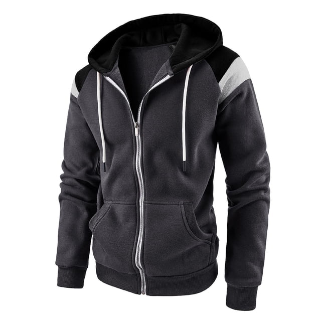 Men's Casual Fashion Zip Up Hoodie Autumn Winter Patchwork Contrast Ribbed Design Sweatshirt Comfortable Stylish Jacket
