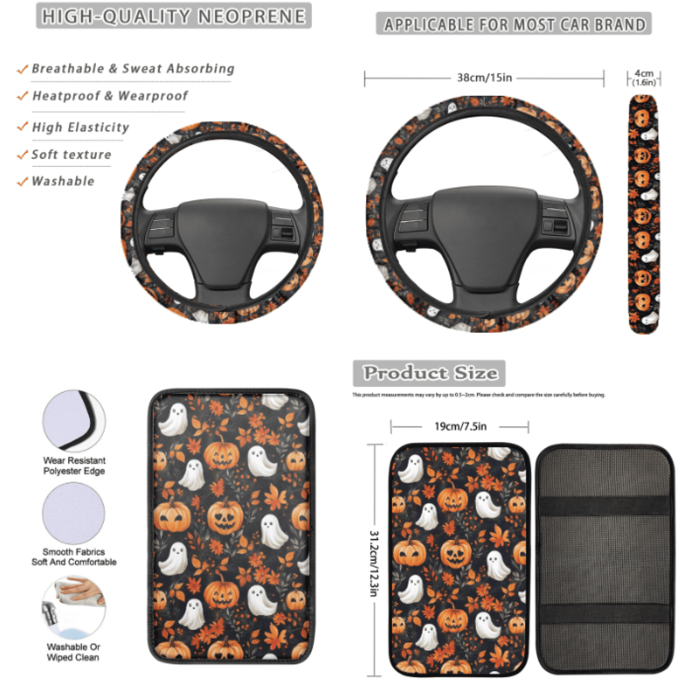 Binienty Set of 13 Ghost Pumpkin Pattern Car Seat Cover Set, Includes Car Armrest Pad Interior Accessories Car Seat Covers Full Set, Suitable for vehicless