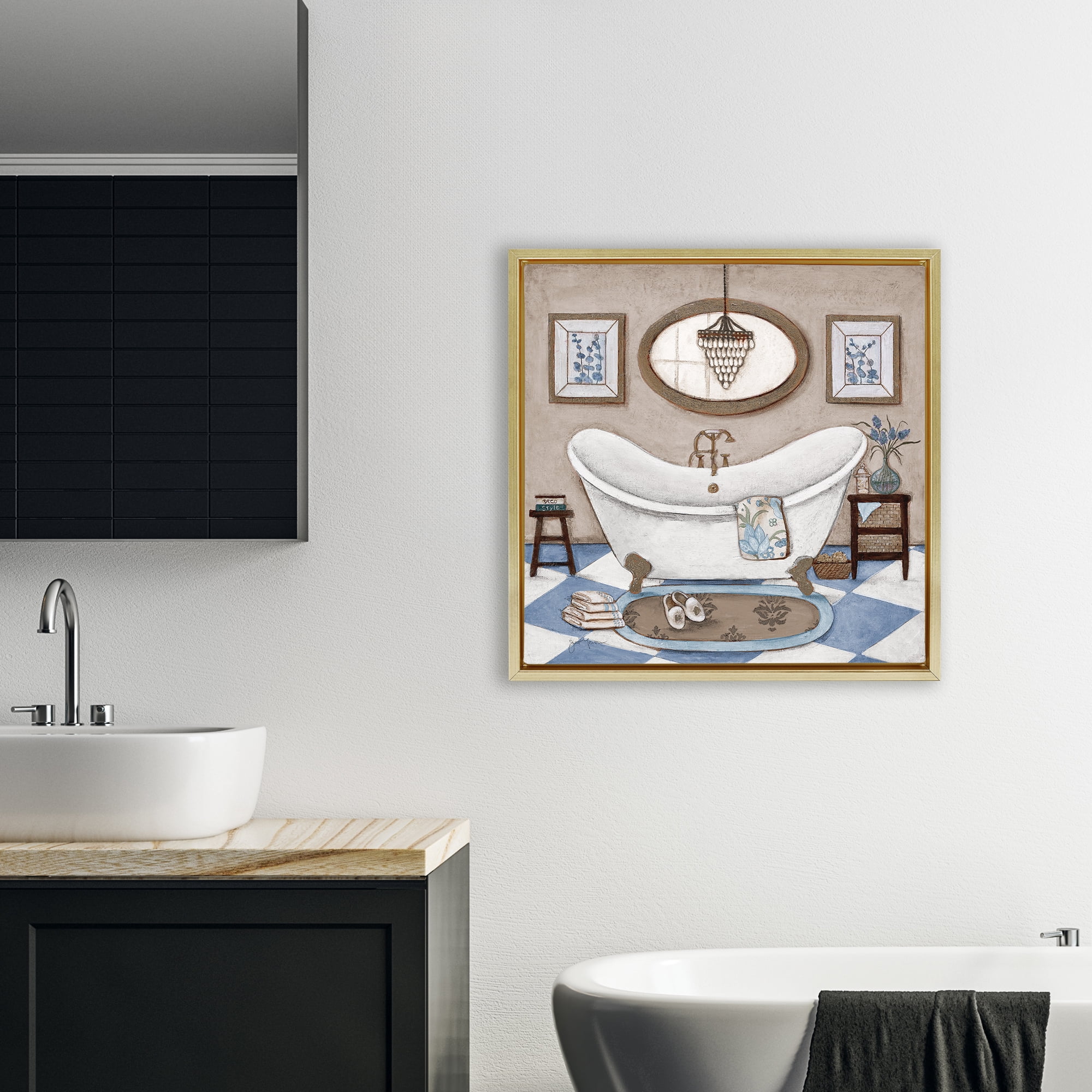 Stupell Industries Checkered Relaxing Bathtub Gold Framed Floater Canvas Wall Art, design by Janet Tava
