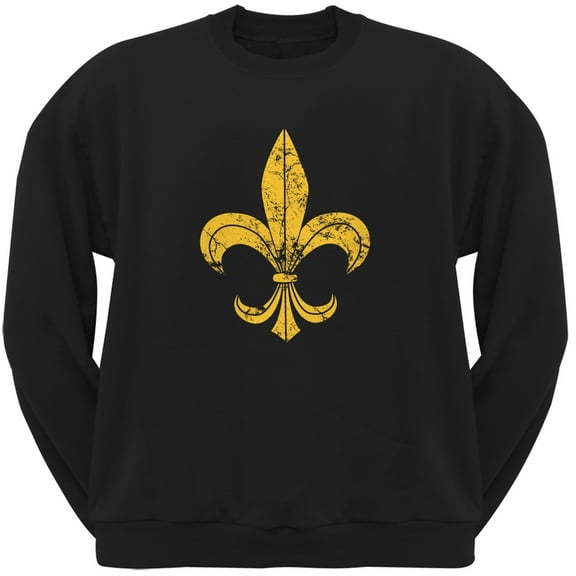 Mardi Gras-Distressed Fleur-de-lis Black Crew Neck Sweatshirt - Small