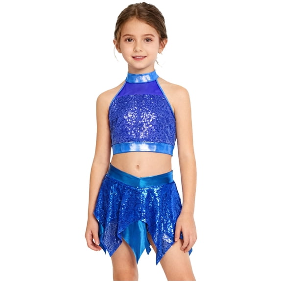 iiniim Girls 2 Piece Jazz Latin Dance Outfit Sequin Sleeveless Crop Top with High Low Mini Skirt for Disco Hip Hop Dancewear Blue 12