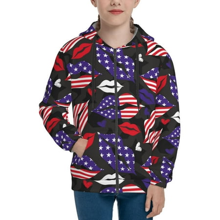 

Hoodies for Women USA Flag Print lips Long Sleeve Sweatshirt Drawstring Zip Up Hoodie with Pockets Teen Girl Clothes