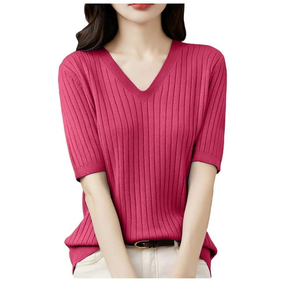Pimfylm Short Sleeve Sweater for Women V Neck Lightweight Pullover Sweaters Loose Dressy Fashion Spring Sweaters Red, M