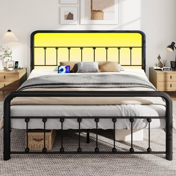 Bolvdo Queen Bed Frame, Classic Metal Platform Bed Frame, with Charging Station and LED, No Need for Springs, Black
