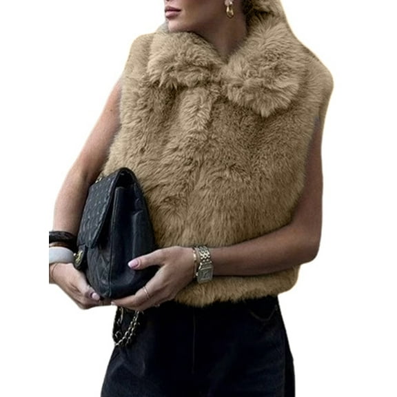 Female Faux Fur Vests Fuzzy Warm Open Front Lapel Sleeveless Cropped Winter -Coats Outerwear Brown L