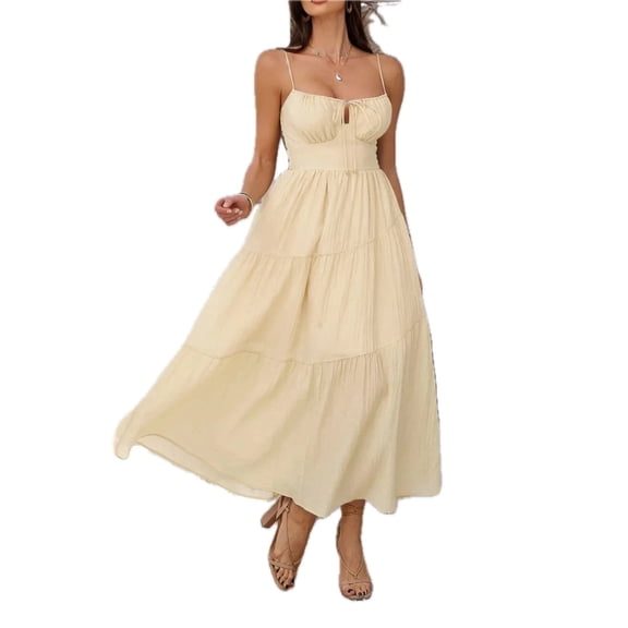 Women's Smocked Tiered Maxi Cami Dress with Sheer Overlay 70% Lyocell 30% Polyamide for Elegant Summer Events Today