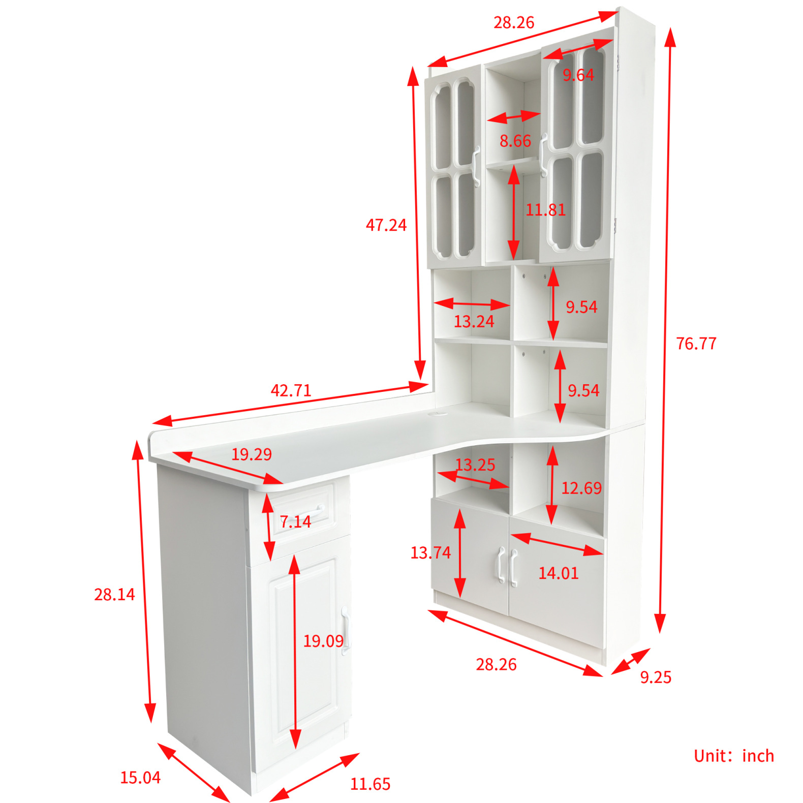 L-Shaped Corner Computer Desk with Drawers, Bookshelf and Hutch,  2-in-1 Study Desk with Large Tabletop, Modern Office Desk for Home Office, White