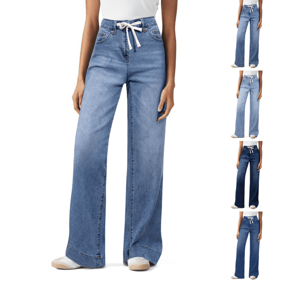 Wide Leg Jeans Woman High Waisted Trendy Pull On Elastic Waist Drawstring Stretchy Denim Jean Pants with Pockets Light Blue S