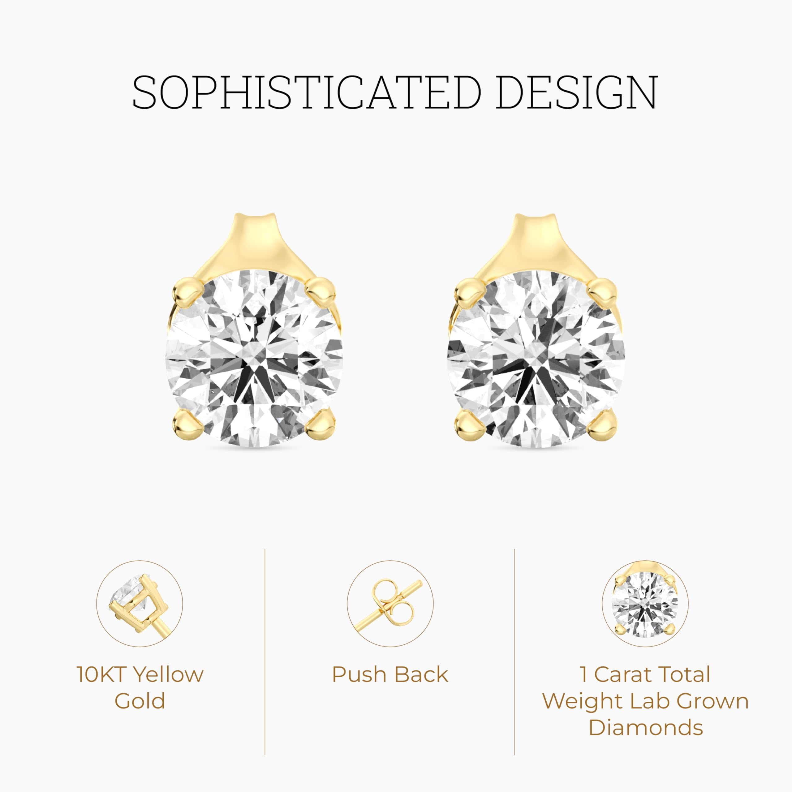 Gilded 1 Carat Total Weight Lab-Grown Diamond 10KT Yellow Gold Stud Earrings for Women | Hypoallergenic Fine Gold Jewelry | 4-Prong Basket, Push Back Nut | SI1 Clarity, F Color, Round Cut