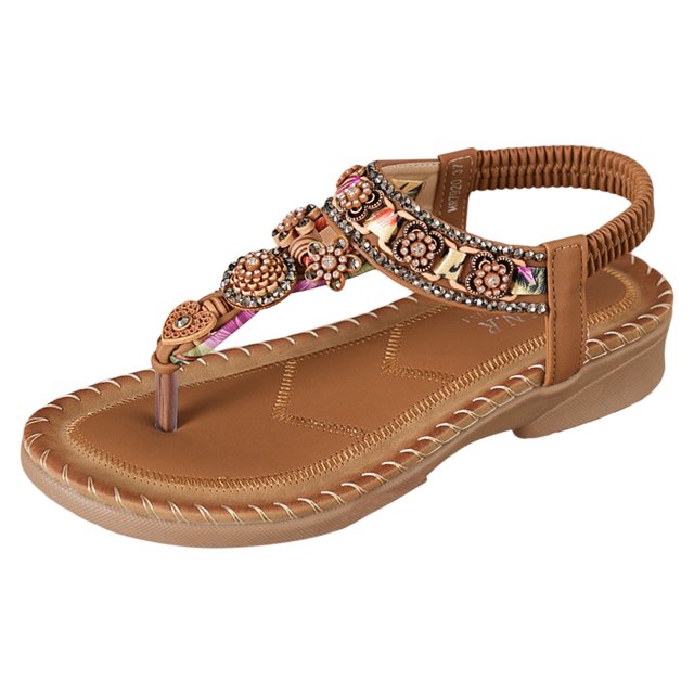 Bmisegm Bohemia 2024 New Foreign Trade Large Size Flat Sandals Flower Rhinestone Sandals Open Toe Beach Sandals Sandals Women Summer Brown 6.5