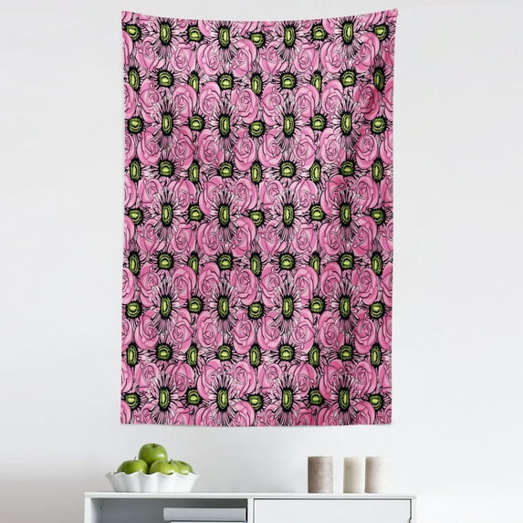 Garden Art Tapestry, Roses and Gerbera Flowers Pattern Illustration with Botanical Inspirations, Fabric Wall Hanging Decor for Bedroom Living Room Dorm, 5 Sizes, Pink Pale Green, by Ambesonne