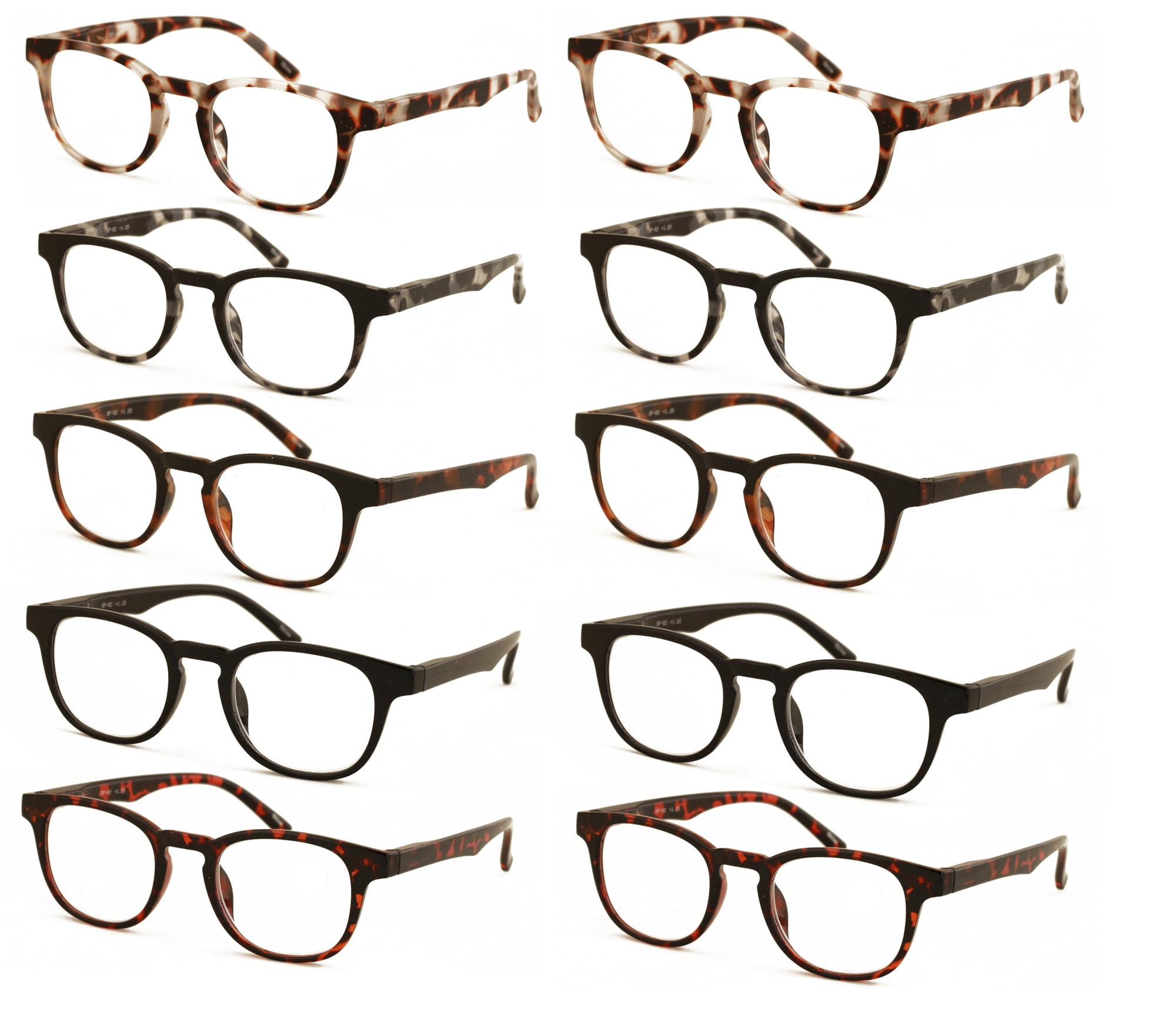 10 Pairs Comfortable Men Or Women Round Reading Glasses – Clear Lens Lightweight Readers with Spring Hinges RF02 +2.75