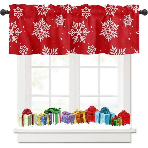 Christmas Window Curtain Valance for Kitchen Bedroom, Snowflakes Printed Red Short Curtain Valance Christmas Decoration Rod Pocket for Bathroom Living Room,54" x 18", 1 Panel