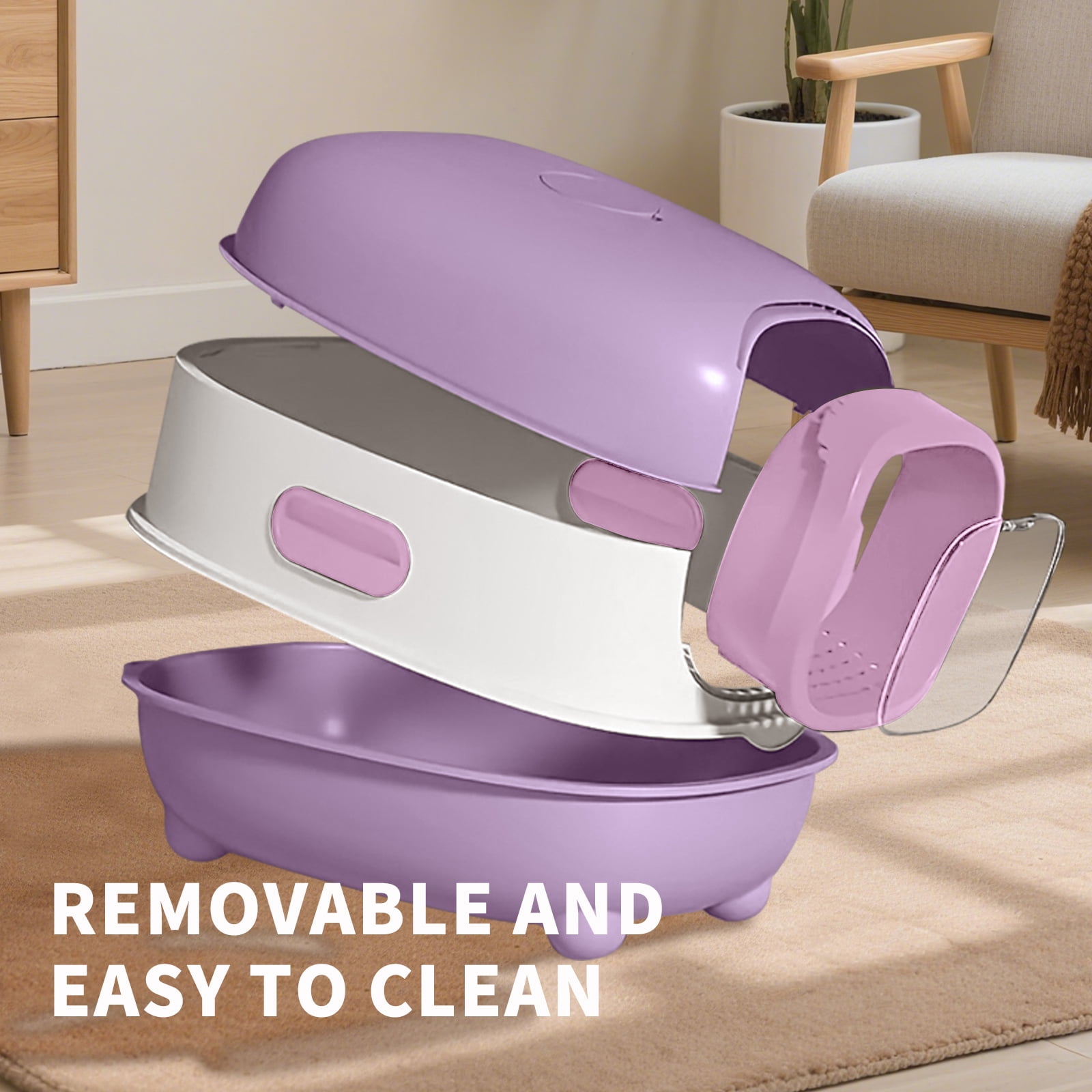 Open Transparent Cat Litter Box, Large Indoor Easy Entry Kitty Litter Pan with Litter Scoop, Ventilated Sleek Modern Decorative Pet Toilet Durable Safe for Household Cats