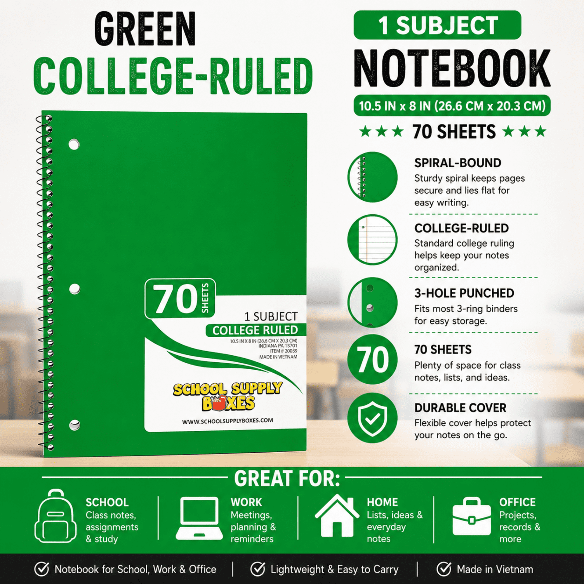 School Supply Boxes | (Green) College-Ruled 1 Subject Notebooks | 48 Pack | 10.5 IN x 8 IN (70 Sheets) Notebooks for School, Work & Office
