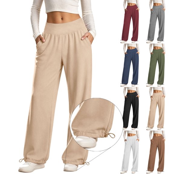 YABCSAZ Womens Cotton Linen Pants Plus Size Casual Drawstring Elastic High Waisted Wide Leg Pants Loose Lounge Trousers Solid Color Casual Palazzo Pants with Pockets