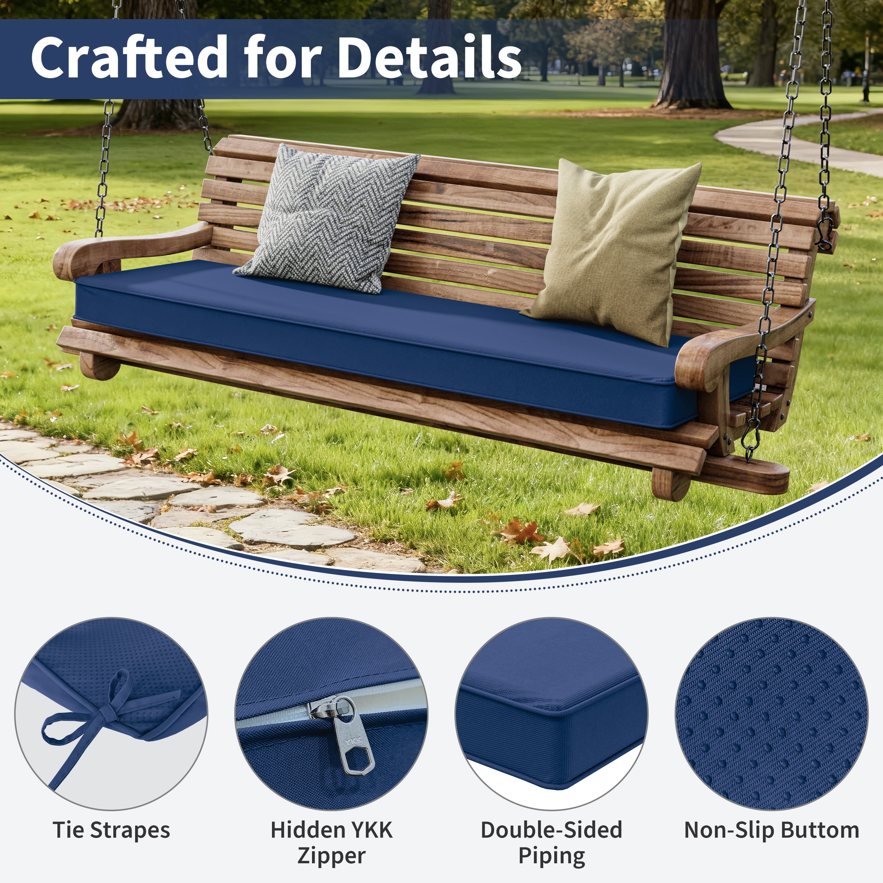 Kimunuk Outdoor Bench Cushion 60 x 18 x 3.5 Inch, Memory Foam Bench Cushion Waterproof Porch Swing Pad for Patio Furniture with Strap, Blue