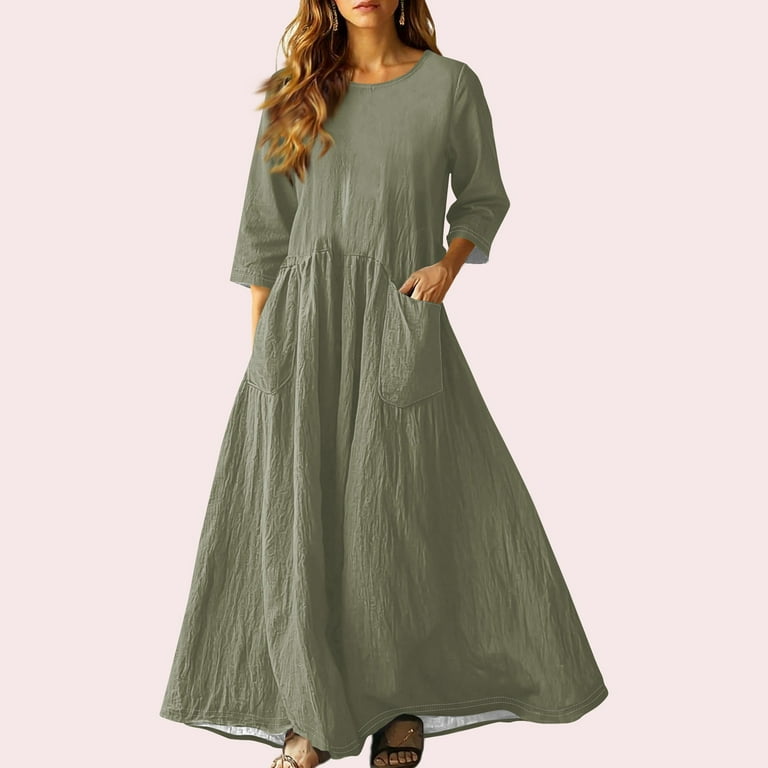 Suining 3/4 Sleeve Dress for Women Boho Maxi Dress 2025 Fall Casual Loose Long Maxi Dresses with Pockets Light Green XL, Women's Suining 3/4 Sleeve Dress for Women Boho Maxi Dress 2025 Fall Casual Loose Long Maxi Dresses with Pockets Light Green XL, Women's