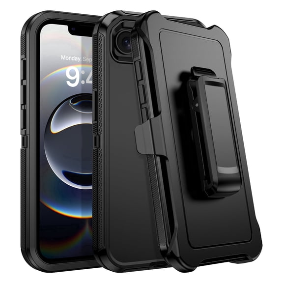 DUEDUE for iPhone 16e/17e Case with Belt Clip Holster, 3-Layer Heavy Duty Rugged Protective Case, Military Grade Shockproof Full Body Phone Cover for iPhone 16e/17e 6.1", Black