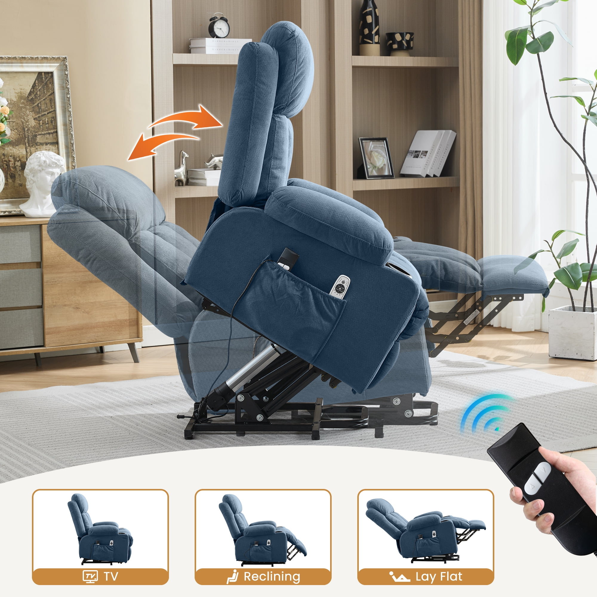 blue Power Lift Recliner Chair with Heat and Massage Electric Fabric Recliner Chair for Elderly with Side Pocket, USB Charge Port, Remote Control