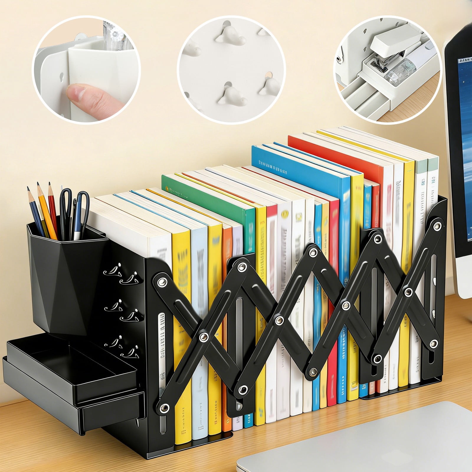 Specollect 1 Pcs Adjustable Desktop Organizer Stand with Storage Box Pen Holder Hooks for Office Supplies Home Study Desk Accessories Multifunctional Rack