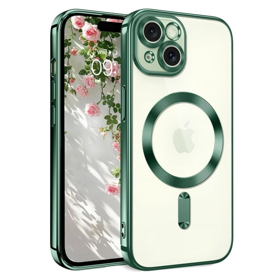 GUAGUA Case for iPhone 15 6.1", Electroplating Transparent with Magnetic, Drop Protection Scratch-Resistant Back Soft Cangling Green