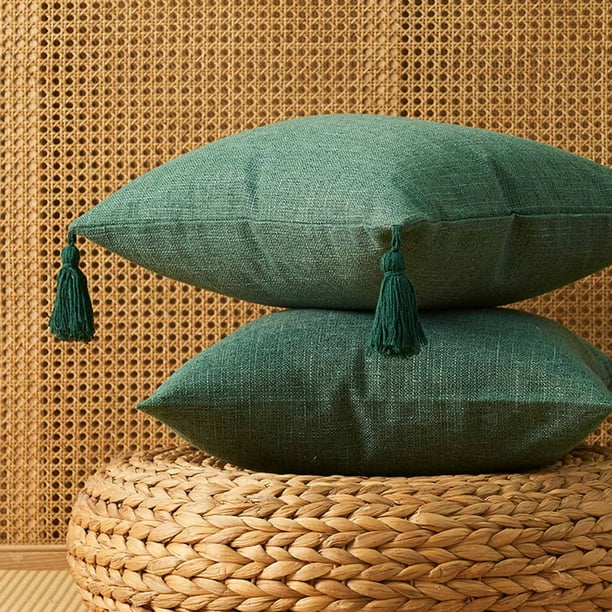 Funda de almohada de lino estilo japonés con borlas en las esquinas | Funda de cojín decorativa de 45 x 45 cm para sofá y cama | Tejido de poliéster suave con cremallera para facilitar la limpieza