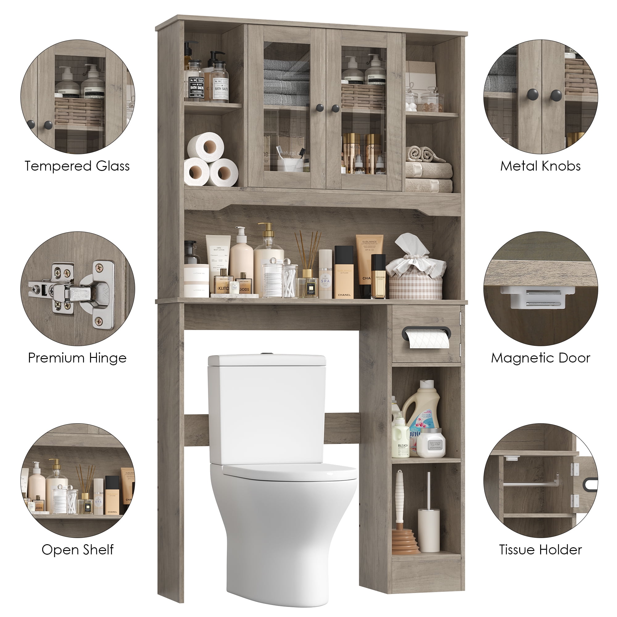 Homfa Over The Toilet Storage Cabinet with Toilet Paper Holder Stand, Above Toilet Organizer with Glass Doors, Behind Toilet Shelf for Restroom, Bathroom, Laundry, Wash Gray
