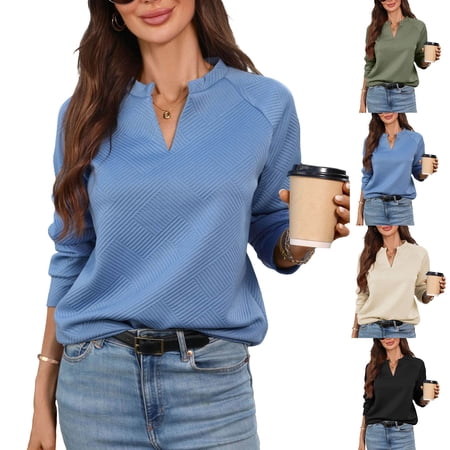 Nmnitkp Women's Textured Stand V Neck Pullover Tops Long Sleeve Raglan Loose Fit Casual Sweatshirt for Fall Winter Work Office Daily Loungewear Blue,S