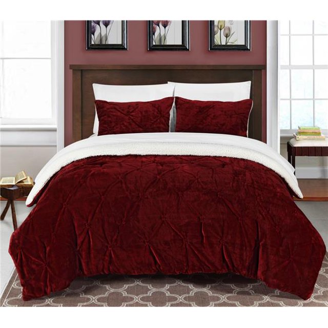 Chic Home CS4801-US Enzo Pincée Plissé Volantée & Sherpa Pincée Doublé X-Long Ensemble de Couette - Bordeaux - Simple - 2 Pièces