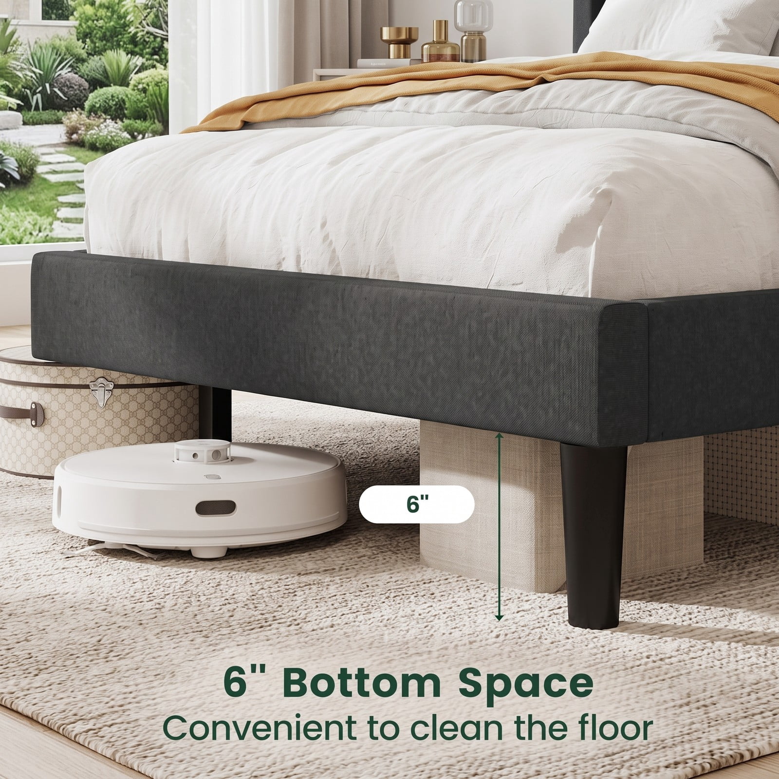 Furnibear Queen Bed Frame with Headboard, Upholstered Platform Bed Frame with 12 Plywood Slats for Modern Bedroom, No Box Spring, Dark Gray