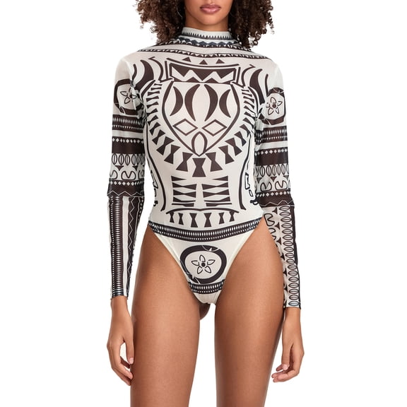 LMLYSoH Women Bodysuit, Long Sleeve Printed Mock Neck Triangle Bottom Romper, Wild Fashion Bodycon Jumpsuit