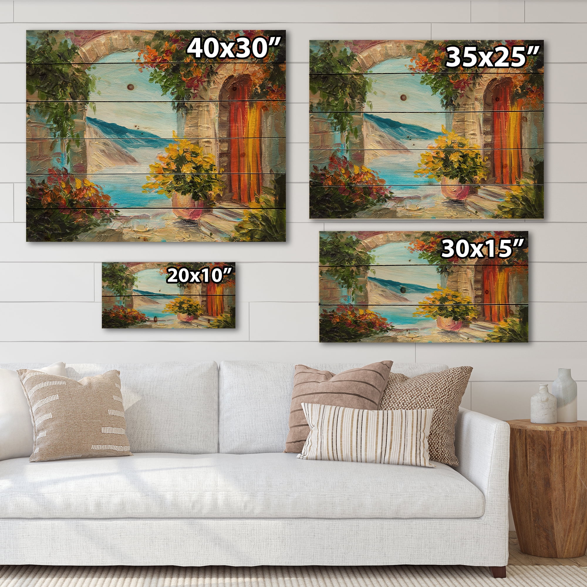 Designart 'House With Colorful Flowers Near The Sea Summer Season' Nautical & Coastal Print on Natural Pine Wood