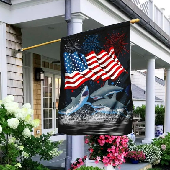Flagwix American Flag Three Sharks Happy Independence Day Flag Polyester Double-sided Printed House Flag