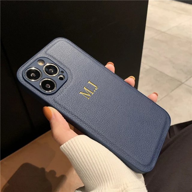 Personalized Customized Initials Name Letters Leather Case For iPhone 16 15 14 13 12 11 Pro Max 16 Plus Luxury Shockproof Cover Navy Blue For iPhone 12