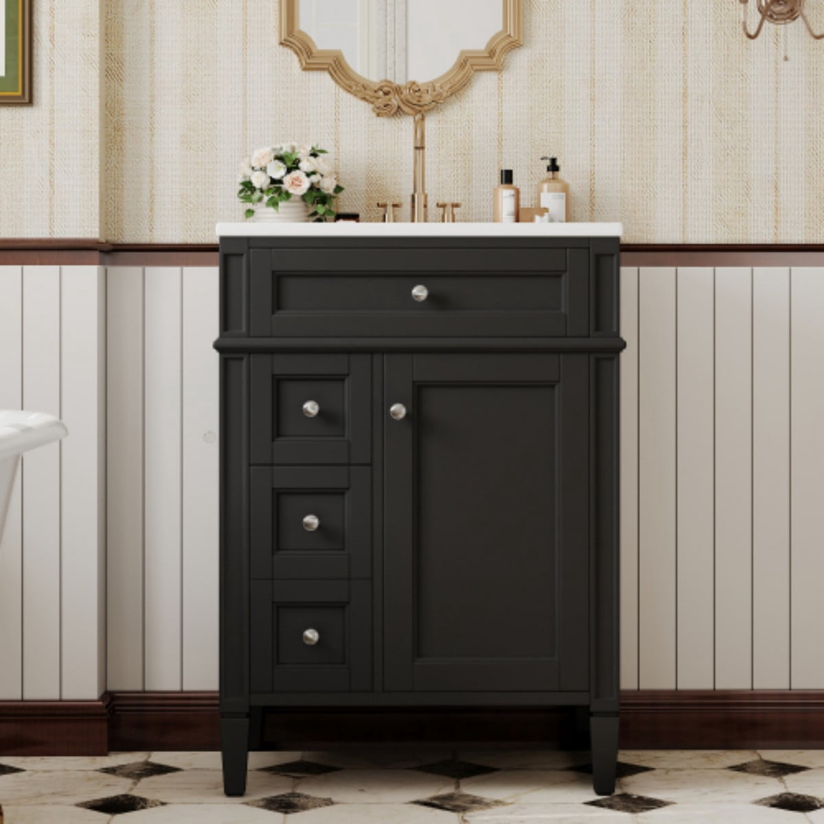 24" Bathroom Vanity with Sink, Modern Freestanding Bathroom Vanity Cabinet with Ceramic Sink, 3 Drawers & Tip-Out Drawer, Adjustable Shelf, Green Storage Cabinet, Black