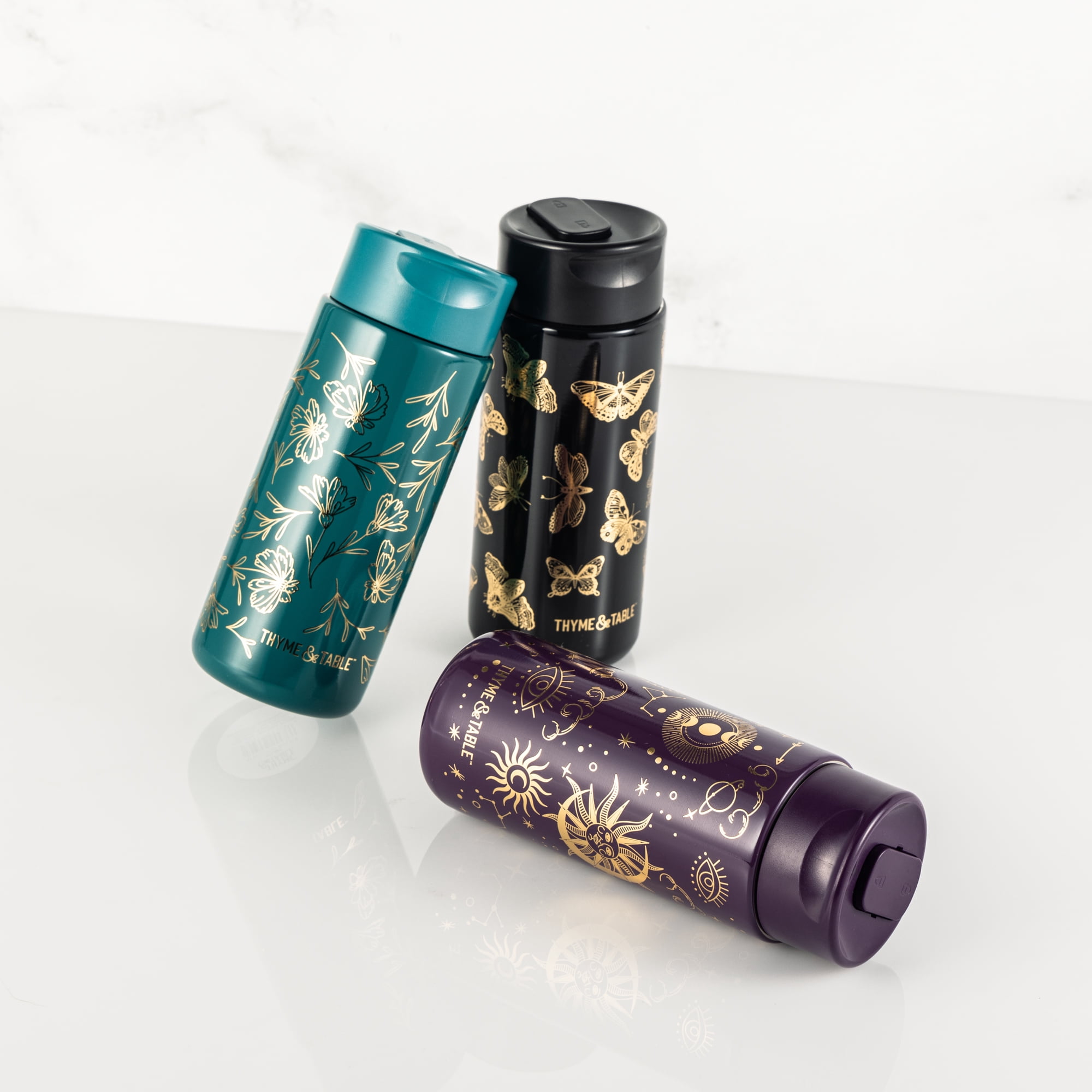 Thyme & Table 22 fl oz Stainless Steel Coffee Tumbler, Black & Gold Butterfly