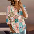 thumbnail image 2 of Women's Patchwork Floral 3/4 Sleeve Blouse - V-Neck Button Down Boho Tunic Top, Lightweight Casual Loose Fit Shirt for Spring Summer Army Green XL, 2 of 6