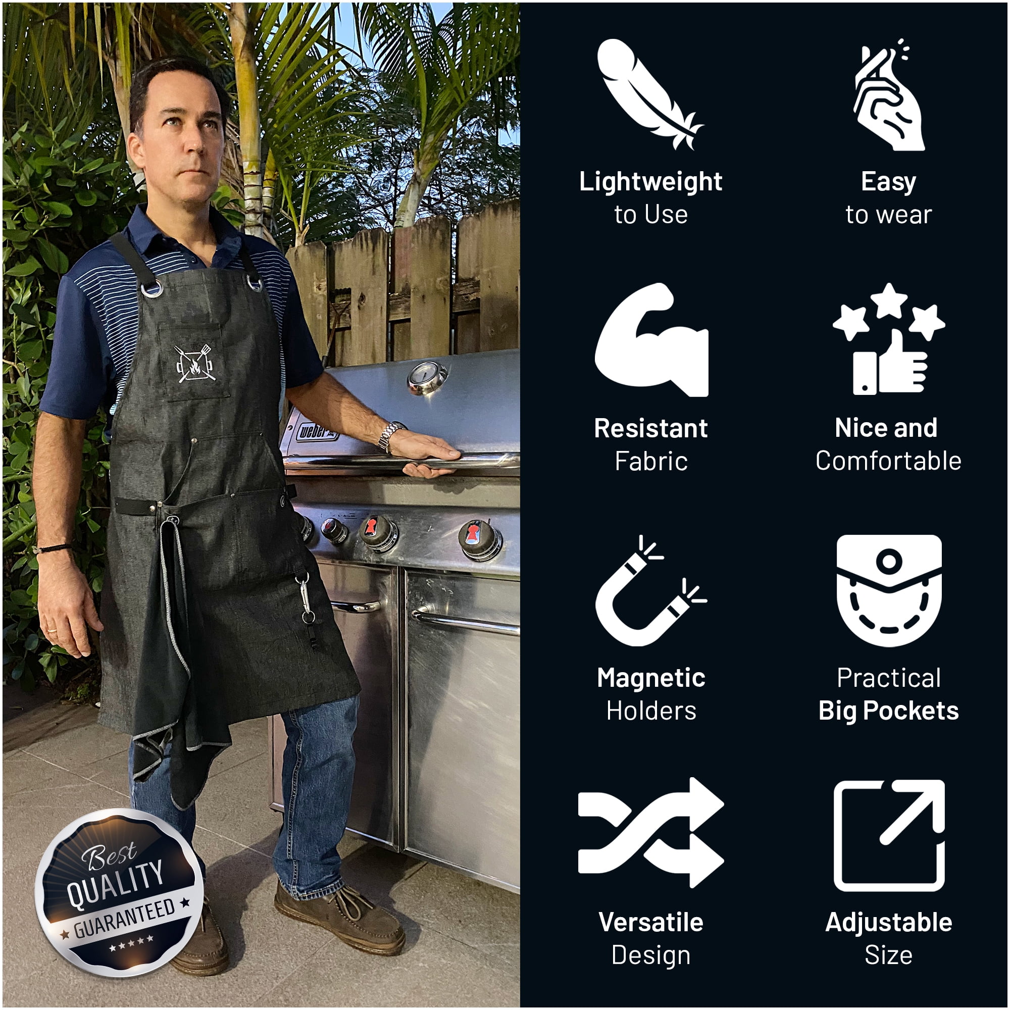Kitchen Apron for Men | Professional Grade made for Cooking, BBQ, Grill, Chef | Quick-Release Buckle, with Magnetic BBQ Towel and Grill Tool Pockets and Holders. 10 oz. Cotton.