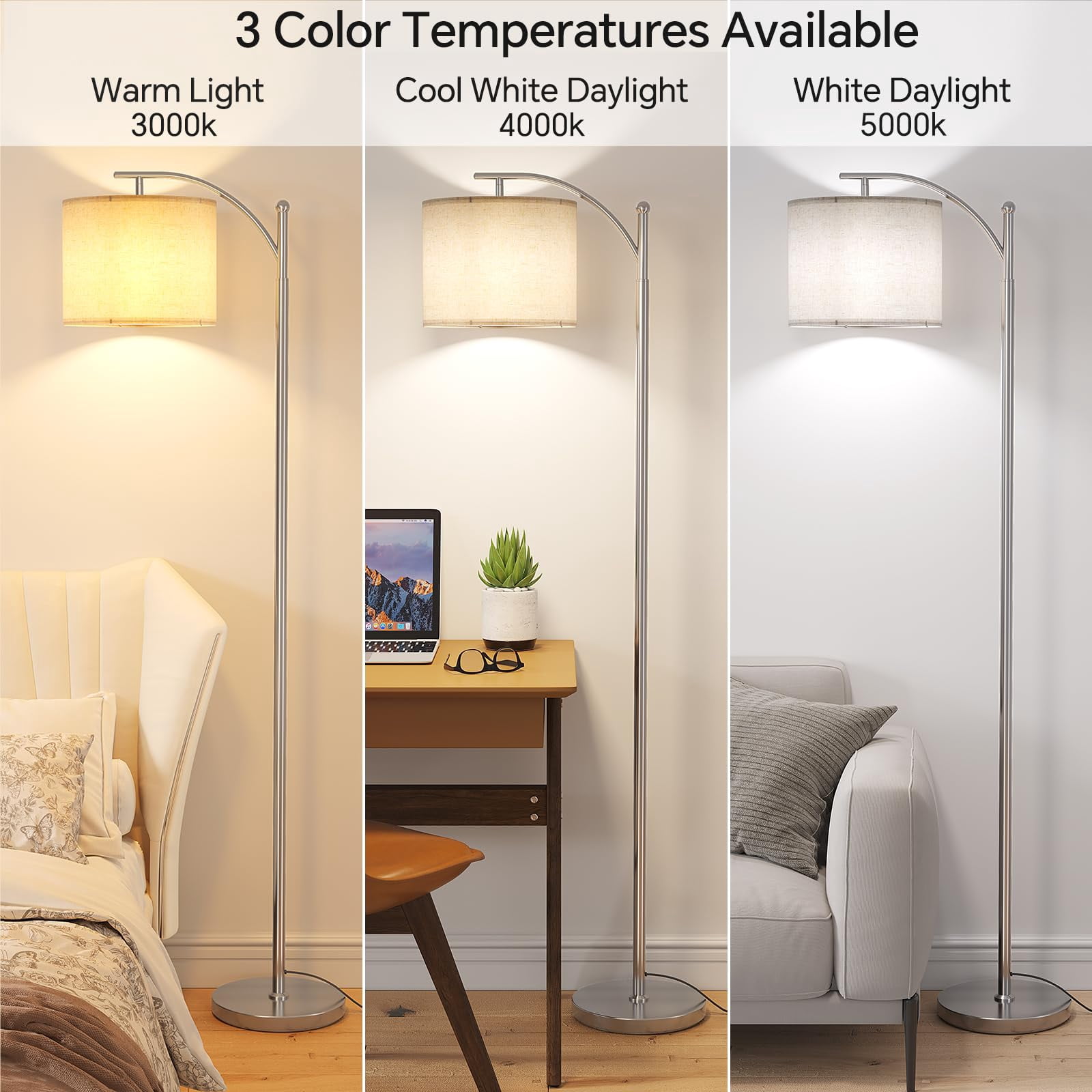 Arc Floor Lamp  Modern With 9w 3 Color Temperatures Bulb Metal Standing Lamps Adjustable Hanging Lampshade Tall For Living Room Bedroom Office
