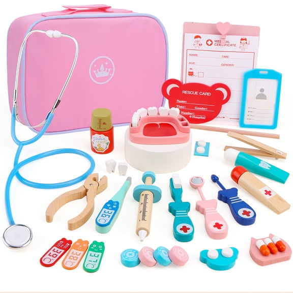 EXERCISE N PLAY Wooden Doctor Pretend Toy Play Set with Doctor Apron, Gifts for Boys Girls Ages 3