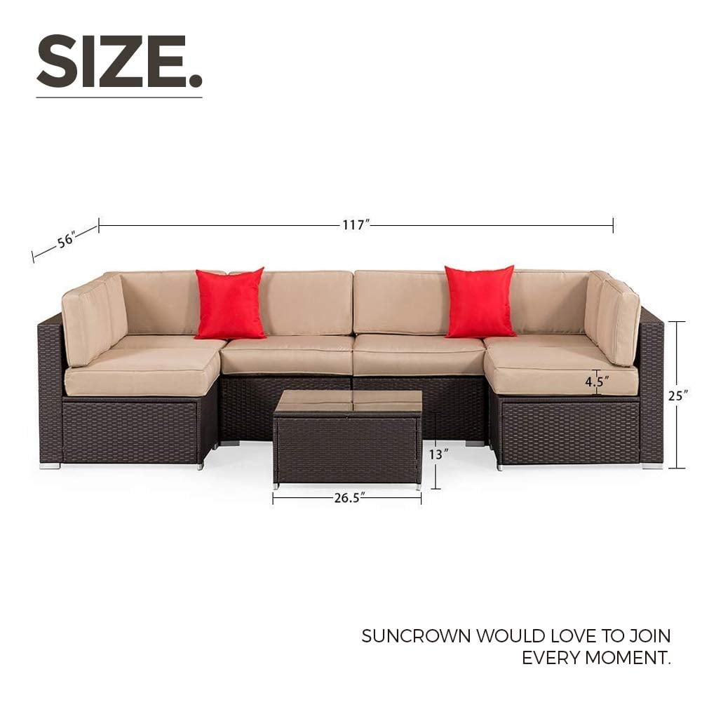 Suncrown Outdoor Sectional Sofa 7 Piece Set Wicker Furniture W Brown Washable Seat Cushions Modern Glass Coffee Table Patio Backyard Pool