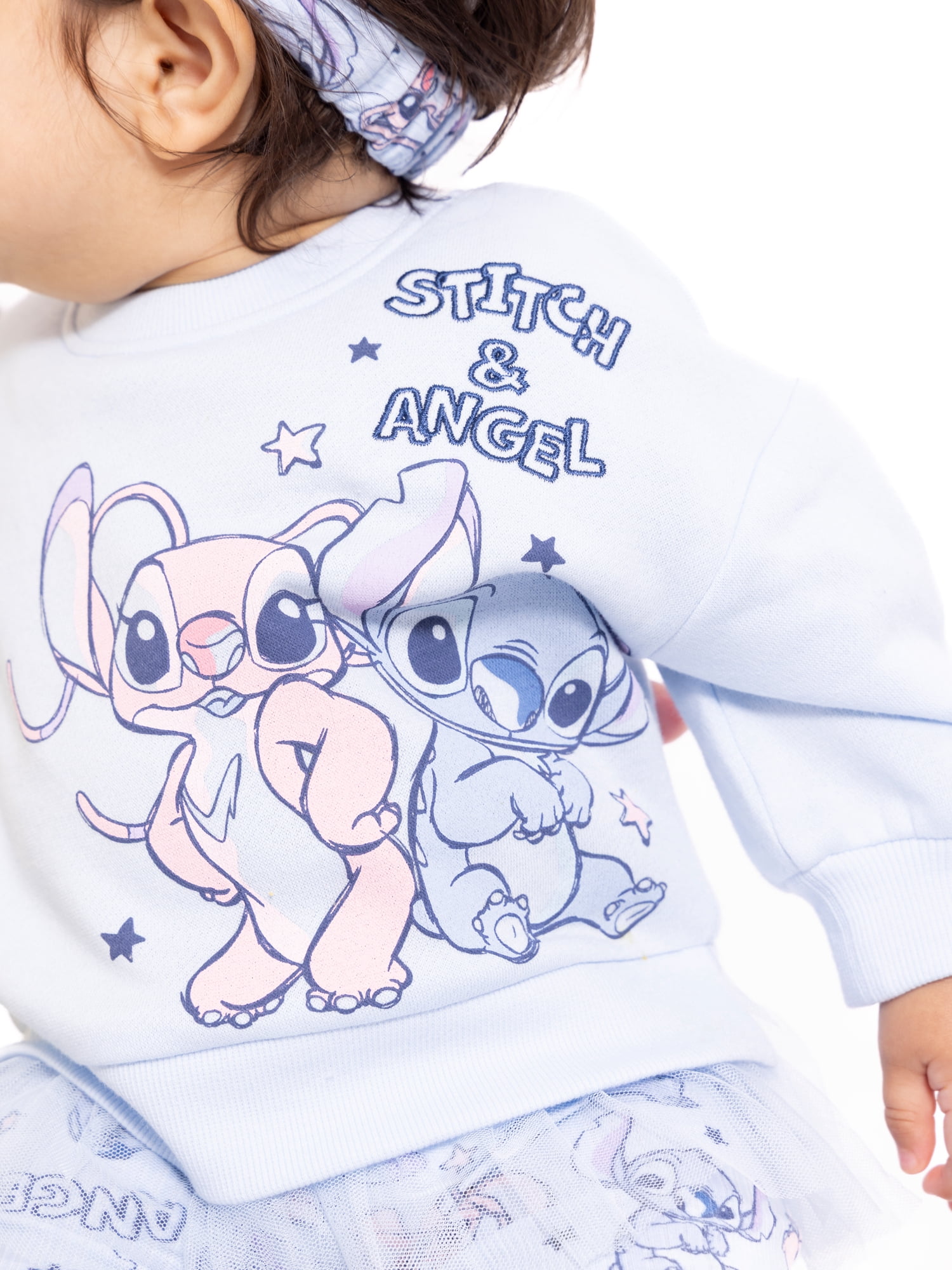 Stitch Baby Girls Graphic Tulle Sweatshirt and Printed Leggings with Bow Headband Set, 3-Piece, Sizes 0/3M-24M