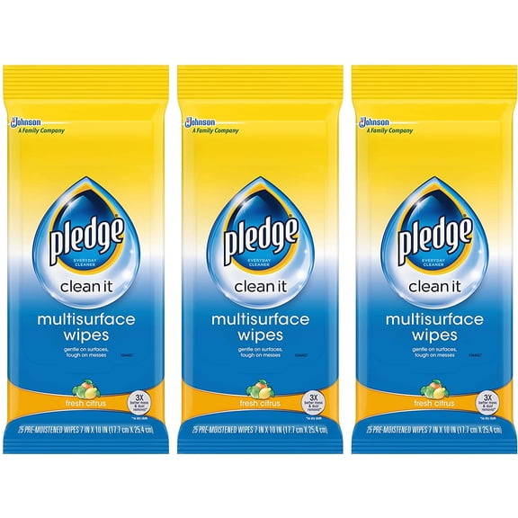 Pledge Multisurface Wipes, Fresh Citrus, 25 Wipes Per Pack (3 Packs)
