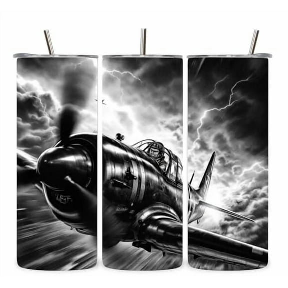 Alpha Printing 20oz Stainless-Steel Tumblers-WW2 Fighter Jet Black White Design