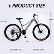 Meghna 24 inch Mountain Bike Aluminum Alloy Frame 7 Speed Bicycle for Unisex Students Gray