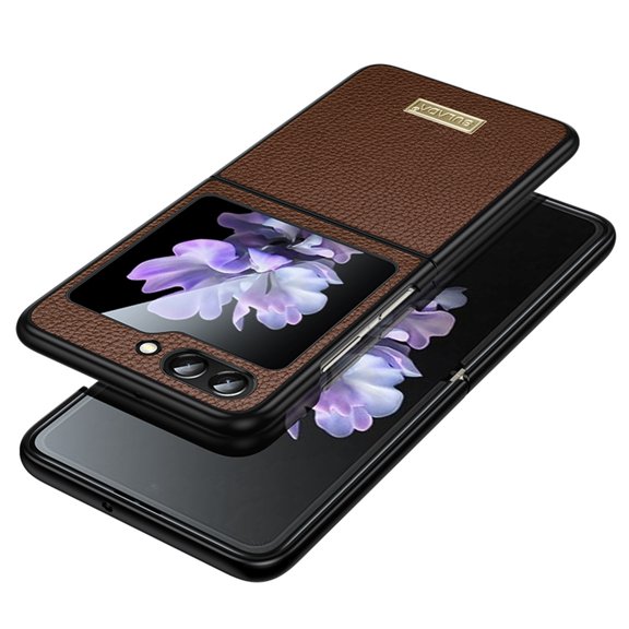 Decase For Samsung Galaxy Z Flip 5 Business Rugged Case Frame Gold Luxury Plated Edges Ultra Thin Shockproof Fashion Leather Camera Protection Phone Cover,Brown
